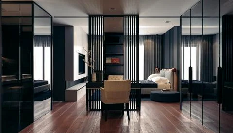 3d render of beautiful interior with dark  gray walls Stock Illustration