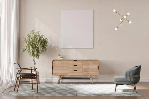 3d render of beautiful interior design, mock frame , cabinet and decorations. Stock Illustration