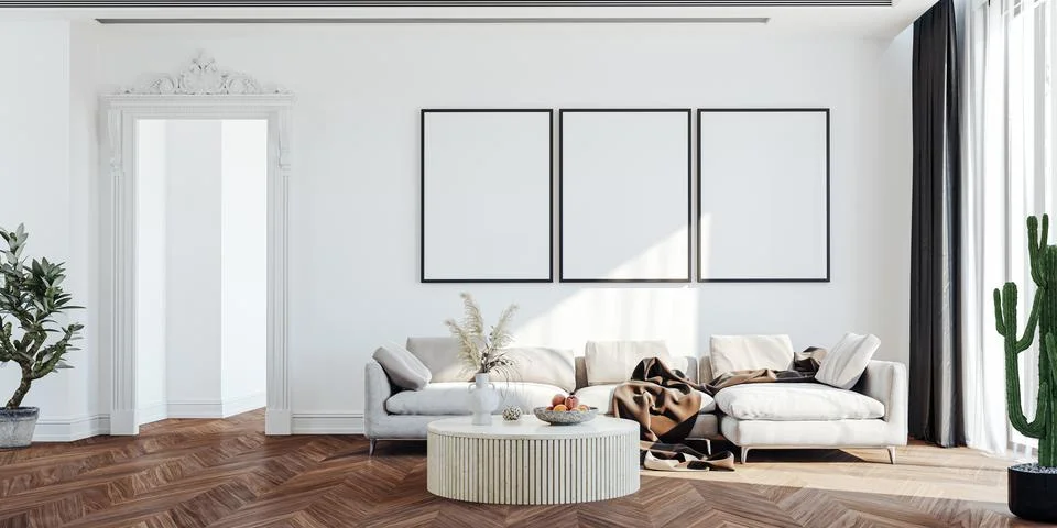 3d render of beautiful interior design, mock with empty frame Illustrazione stock