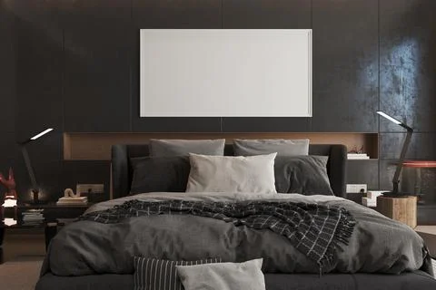 3d render of beautiful interior design, mock with empty frame Illustrazione stock