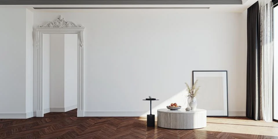 3d render of beautiful interior design, mock with empty frame Illustrazione stock