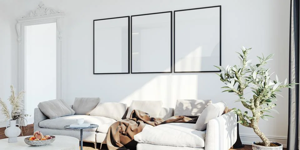 3d render of beautiful interior design, mock with empty frame Stock Illustration