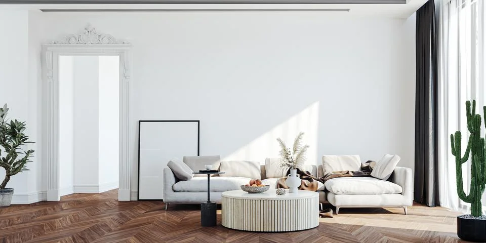 3d render of beautiful interior design, mock with empty frame Stock Illustration