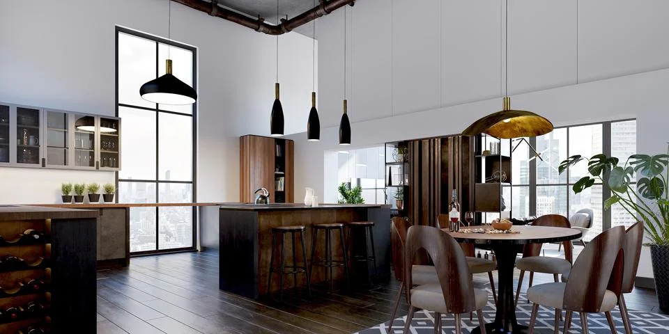 3d render of beautiful interior design, mock with empty frame Illustrazione stock