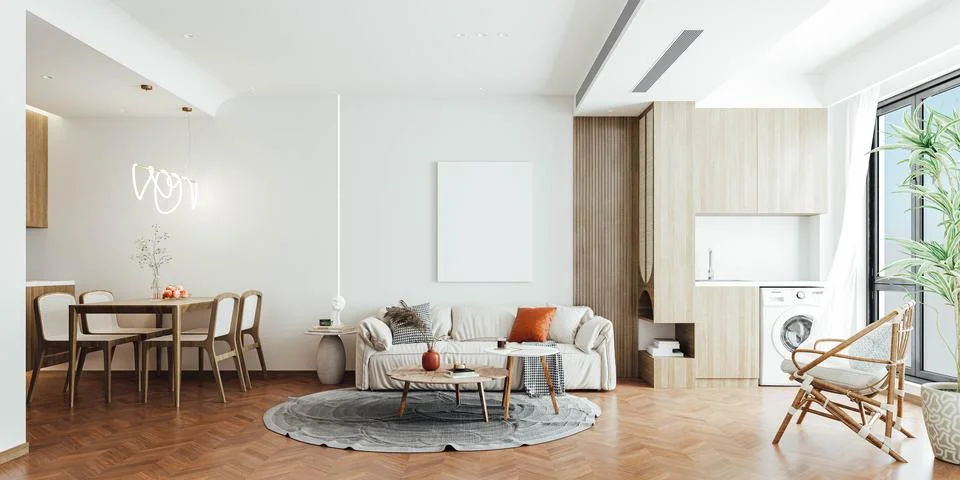 3d render of beautiful interior design, mock with empty frame Stock Illustration