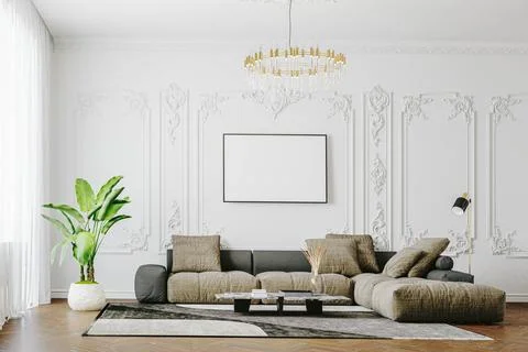 3d render of beautiful interior design, mock with empty frame Stock Illustration