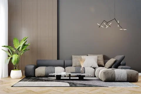 3d render of beautiful interior design, mock with empty frame Illustrazione stock