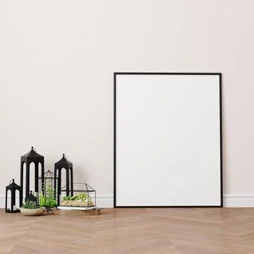 3d render of beautiful interior design, mock with empty frame Illustrazione stock