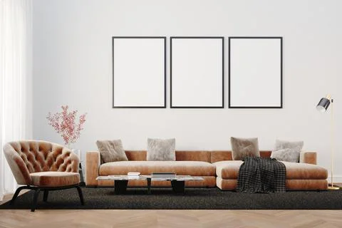 3d render of beautiful interior design, mock with empty frame Stock Illustration