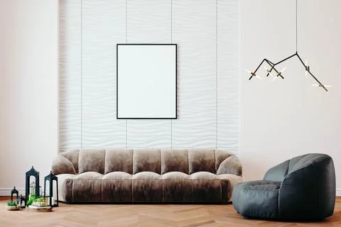 3d render of beautiful interior design, mock with empty frame Illustrazione stock