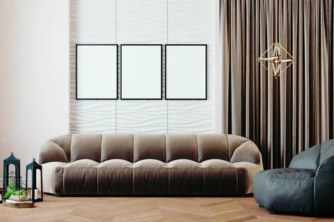 3d render of beautiful interior design, mock with empty frame Stock Illustration