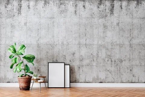 3d render of beautiful interior with home plant and blank frames Illustrazione stock