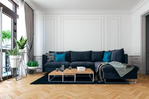 3d render of beautiful interior render with sofa and white walls Stock Illustration