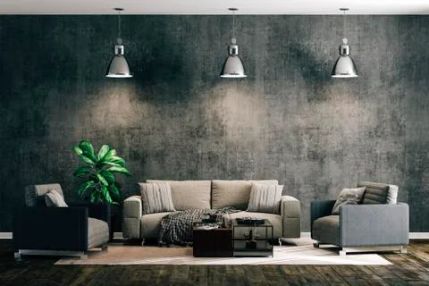 3d render of beautiful interior with sofa and wooden floor Illustrazione stock