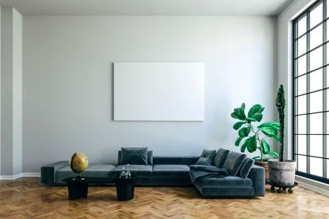 3d render of beautiful interior with sofa and wooden floor Stock Illustration