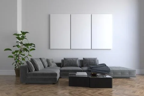 3d render of beautiful interior with sofa and wooden floor Illustrazione stock