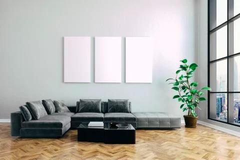 3d render of beautiful interior with sofa and wooden floor Stock Illustration