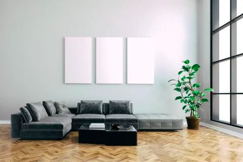 3d render of beautiful interior with sofa and wooden floor Illustrazione stock