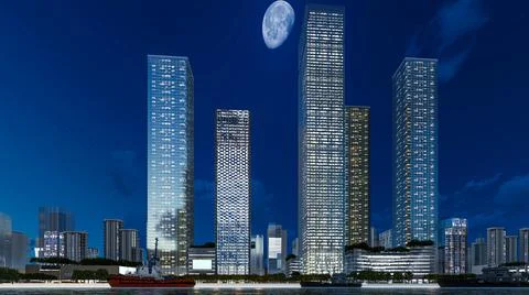 3d render of beautiful modern city skyline with tall buildings Stock Illustration