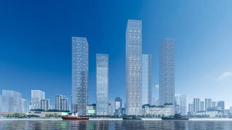 3d render of beautiful modern city skyline with tall buildings Stock Illustration