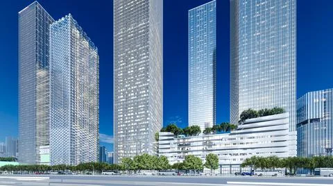 3d render of beautiful modern city skyline with tall buildings Stock Illustration