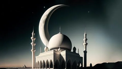 3D Render of Beautiful Mosque With Crescent Moon On Night Background. Islam.. Stock Illustration
