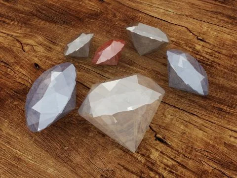 3D render of beautiful shiny diamonds on a wooden surface Stock Illustration