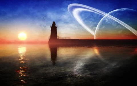 A 3D render of a beautiful sunset over the sea with Saturn visible in the sky Stock Illustration