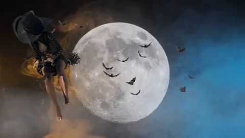 3D render of beautiful witch woman flying on a broom Halloween Stock-Footage 80312199