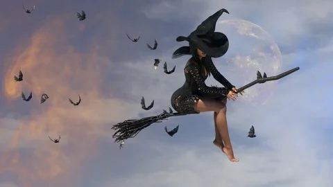 3D render of beautiful witch woman flying on a broom Halloween Stock-Footage 80312435