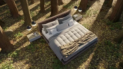3d-render. A bed in an autumn forest in a clearing among trees. Stock Footage 204136689