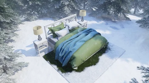 3d render. Bed covered with snow surrounded by nature Stock Footage 121790773