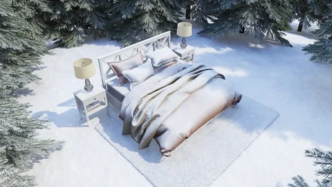 3d render. Bed covered with snow surrounded by nature Stock Footage 121790802