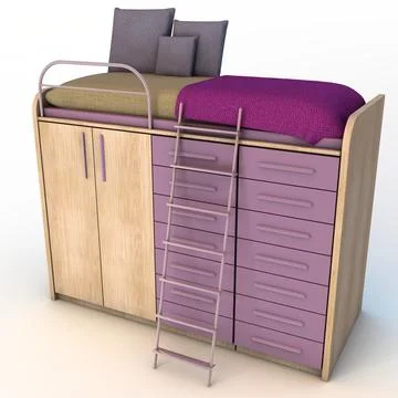 A 3D render of a bed with drawers on its lower part and a ladder resting on i Stock Illustration