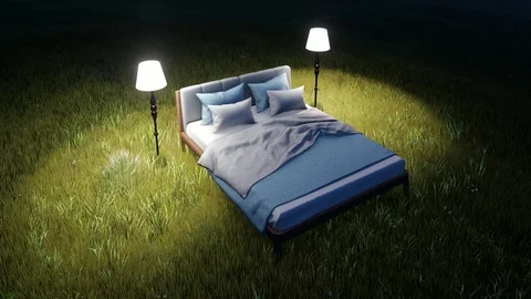 3d render Bed in field Stock Footage 90784734