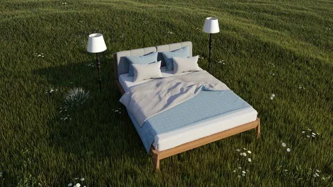3d render Bed in field Stock Footage 90784826