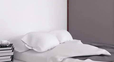 3d render of a bed with white sheets, gray blanket and gray wardrobe closet Stock Photos