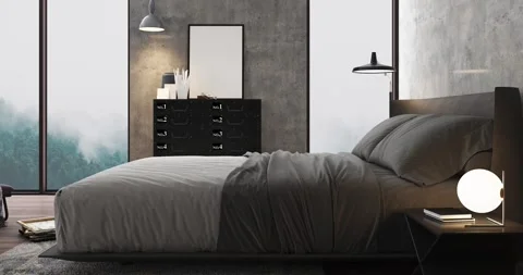 3d Render of bedroom with concrete walls and wood Stock Footage 292978585