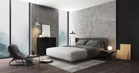 3d Render of bedroom with concrete walls and wood Video stock 292978586