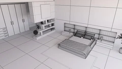 3d render of a bedroom in wireframe Stock-Illustration