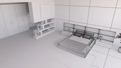 3d render of a bedroom in wireframe Illustrazione stock