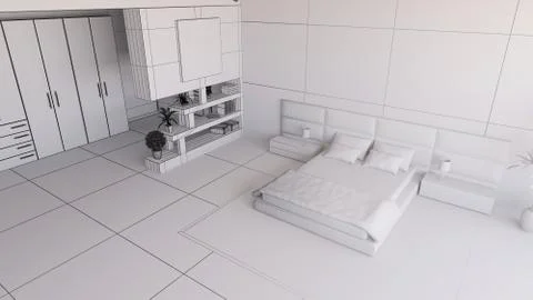 3d render of a bedroom in wireframe Stock-Illustration