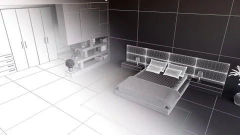 3d render of a bedroom in wireframe Illustrazione stock