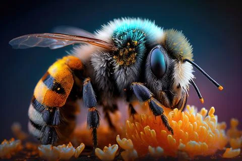3D render of a bee eating from a flower, imaginative bee, close up, illustration Illustrazione stock