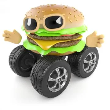 3d render of a beef burger with car wheels Stock Illustration