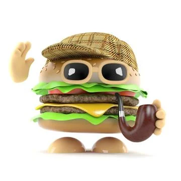 3d render of a beef burger dressed as Sherlock Holmes detective Stock Illustration