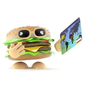 3d render of a beef burger holding a debit card 스톡 일러스트