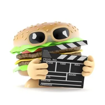3d render of a beef burger holding a movie making clapperboard 스톡 일러스트