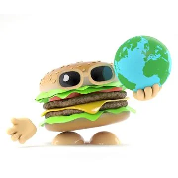 3d render of a beef burger holding a globe of the Earth Stockillustratie