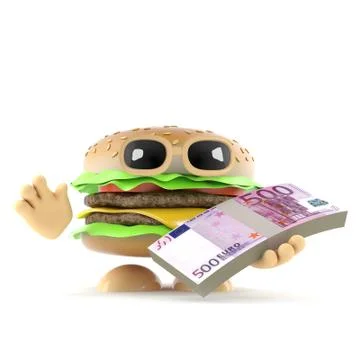 3d render of a beef burger holding a stack of Euro currency bills Stockillustratie
